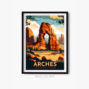 Poster di viaggio retrò, stampa digitale, Arches National Park, Utah, download immediato, arte murale