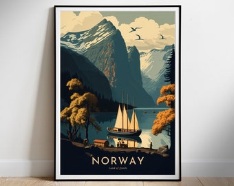 Digital wall art print, Retro travel poster, Norway Land of fjords, Instant download