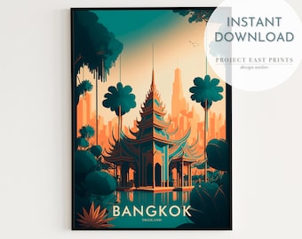 Bangkok Digital print wall art, Retro Travel Poster Thailand, Instant download