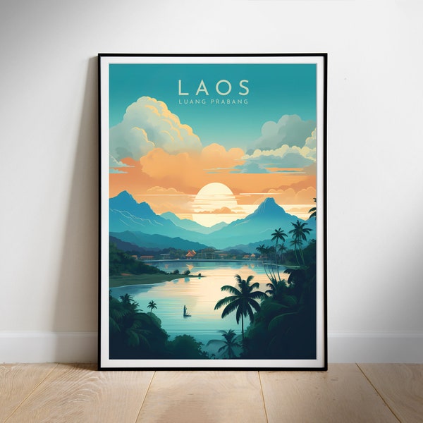 Printable digital wall art, Laos, Luang Prabang, Retro Travel Poster, Instant Download, Hanging decor, New Home Gift