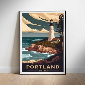 Póster de viaje retro, impresión digital para pared, Portland, Maine, descarga instantánea