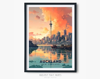 Impresión artística del paisaje urbano de Auckland, Nueva Zelanda (descarga digital)