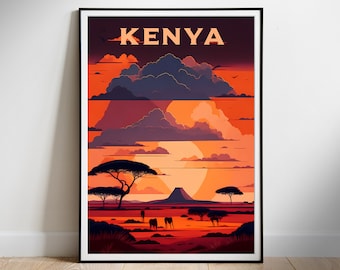 Kenya, Africa retro travel poster, travelling digital home decor wall print, Instant download