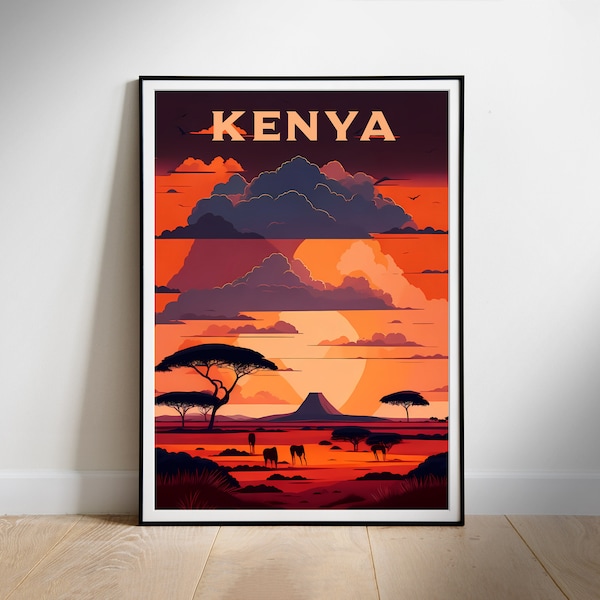 Kenya, Africa retro travel poster, travelling digital home decor wall print, Instant download