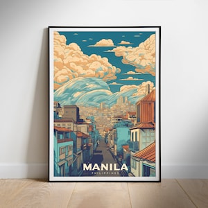 Philippines retro travel poster, Manila, Cityscape Digital Wall Print Home Decor Art, Instant Download