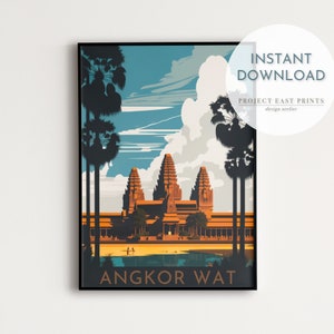 Retro Travel Poster Digital Wall Print Art of Angkor Wat, Cambodia, Instant Download