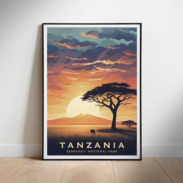 Tanzania Travel poster Retro wall art, Serengeti National Park, Instant Download Digital Wall Print