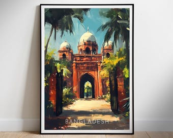 以下が含まれることがあります： 赤いレンガ造りの建物に大きなアーチと複数のドームがついた絵画。建物は緑豊かな木々と緑に囲まれています。絵画の下部には「BANGLADESH」という文字が印刷されています。