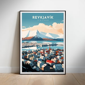 Island Reiseplakat, Digitaldruck Retro herunterladbare Wandkunst, Reykjavik, Sofort Download