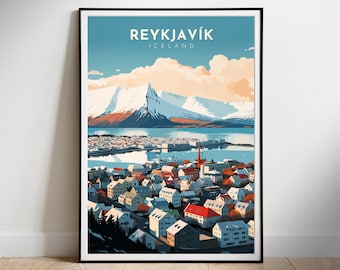 Póster de viaje a Islandia, impresión digital retro, arte mural descargable, Reikiavik, descarga instantánea.