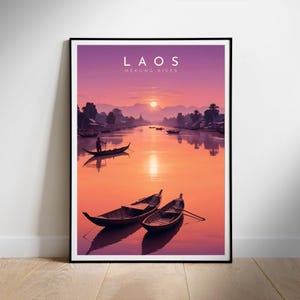 Druckbare digitale Wandkunst, Laos, Mekong, Retro Reise Poster, Sofort Download, hängende Dekoration, Geschenk für ein neues Zuhause