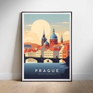 Pode incluir: Uma ilustração colorida de Praga, República Checa, apresentando uma cidade com uma ponte, edifícios e uma igreja com uma cúpula. A ilustração é de estilo retro com um céu de pôr do sol.