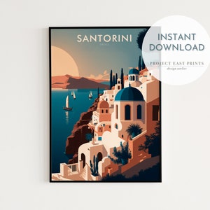 Santorini Greece Print: Retro Travel Poster, Island View (Digital Download)