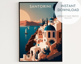 Printable wall art Greece, Santorini Retro Travel Poster, Instant Download,  Digital decor, New Home Gift