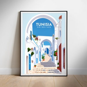 May include: A colorful illustration of a white-washed street in Sidi Bou Said, Tunisia. The street is lined with white buildings with blue doors and windows, and there are steps leading up to the top of the street. The sky is blue and there are palm trees in the background.