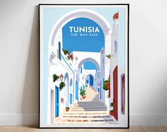 Tunisia Travel retro poster, Sidi Bou Said, Downloadable Poster, Instant Download Digital Wall Print