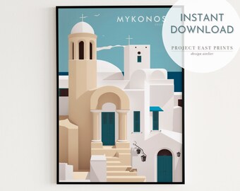 Retro Travel Poster Digital Print, Mykonos Greece Wall Art, Instant Download