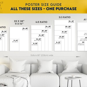 May include: A poster size guide for prints, showing different sizes and ratios, including 3:4, 4:5, 2:3, and A1 ISO. The guide includes measurements in inches and centimetres. The text "All these sizes - one purchase" is displayed at the top of the guide.