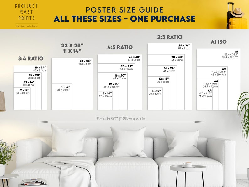 May include: A poster size guide for prints, showing different sizes and ratios, including 3:4, 4:5, 2:3, and A1 ISO. The guide includes measurements in inches and centimetres. The text "All these sizes - one purchase" is displayed at the top of the guide.