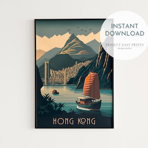 Digital Print Wall Art, Hong Kong, Art-Deco inspired travel poster, Instant download