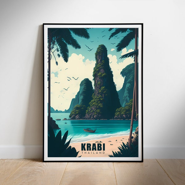 Thailand retro travel poster, Digital Wall Print Art of Krabi, Instant Download