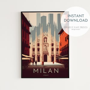 Milan Digital travel poster, Retro travelling print, Instant download wall art