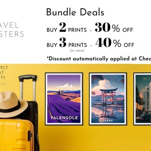 May include: Three travel posters featuring images of Valensole, Japan, and Miami. The posters are framed in black and have the text "Valensole", "Japan", and "Miami" printed on them. A yellow suitcase with a hat on top is positioned in front of the posters. The text above the posters reads "Bundle Deals" and includes information about discounts for buying multiple prints.