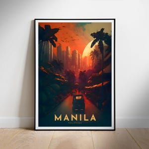 Póster de viaje retro, impresión digital de arte mural, Manila, Filipinas, descarga instantánea