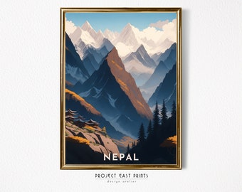 Nepal Retro Travel Poster, Digital Print Wall Art, Instant Download