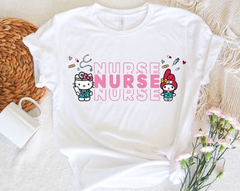 Koszulka Hello Cat Nurse, Koszulka Kitty Nurse, Nowy prezent dla pielęgniarki, Koszulka dla pielęgniarek dla miłośników kotów, Słodka koszulka Kawaii Kitty Nursing, Koszulka z podziękowaniami dla pielęgniarki