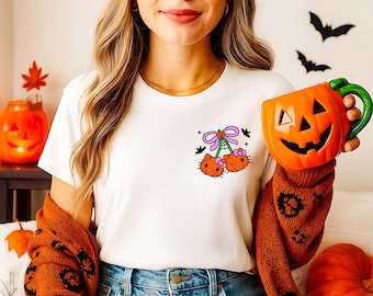 Camiseta de Halloween de Hello Cat, camiseta de Halloween de bolsillo para mujer, camiseta de calabaza con gato espeluznante, camiseta de Halloween de gatito kawaii, coqueta de Halloween