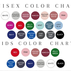 Pu&ograve; includere: Tabella colori unisex e per bambini con diversi campioni di colore. I colori includono bianco, grigio atletico, marrone melange, marrone, pesca melange, malva melange, bacca, rosso, verde kelly, menta, blu scuro melange, blu chiaro, blu navy, blu navy melange, blu reale melange, grigio scuro, grigio scuro melange, nero, rosa, e altro.