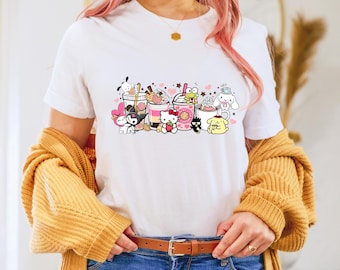 Maglietta con tazze Boba carine, maglietta con gattino kawaii, maglietta con Hello Cat, maglietta con Cinnamoroll, maglietta kawaii carina, maglietta con My Melody, maglietta con bevanda a forma di gattino