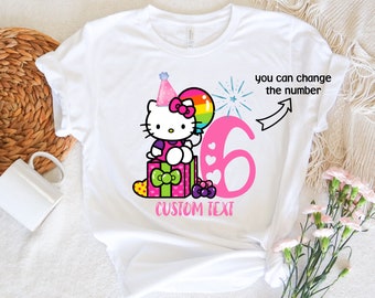 Hello Cat Birthday Shirt, Custom Kitty Shirt, Birthday Girl Party Shirt, Personalized Birthday Girl Shirt, Kawaii Shirt, Lovely Cat Shirt