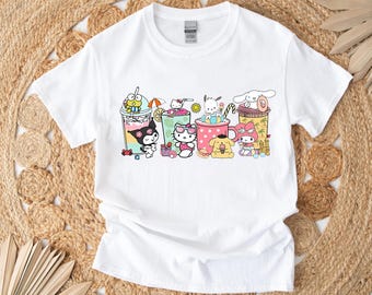 Maglietta con le tazze Boba, maglietta con il gattino kawaii, maglietta con gli amici gatti, maglietta con i Cinnamoroll, maglietta con la mia melodia, maglietta con le vacanze per ragazze, maglietta con le bevande carine