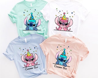 Maglietta di compleanno Stitch e Angel, maglietta per festa di compleanno abbinata, maglietta di compleanno personalizzata, maglietta di compleanno per bambini, magliette di compleanno Disney per famiglie