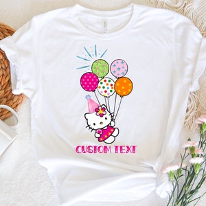 Hello Cat Birthday Balloons Shirt, Custom Hello Cat Shirt, Birthday Girl Party Shirt, Personalized Birthday Girl Shirt, Kawaii Kitty Shirt