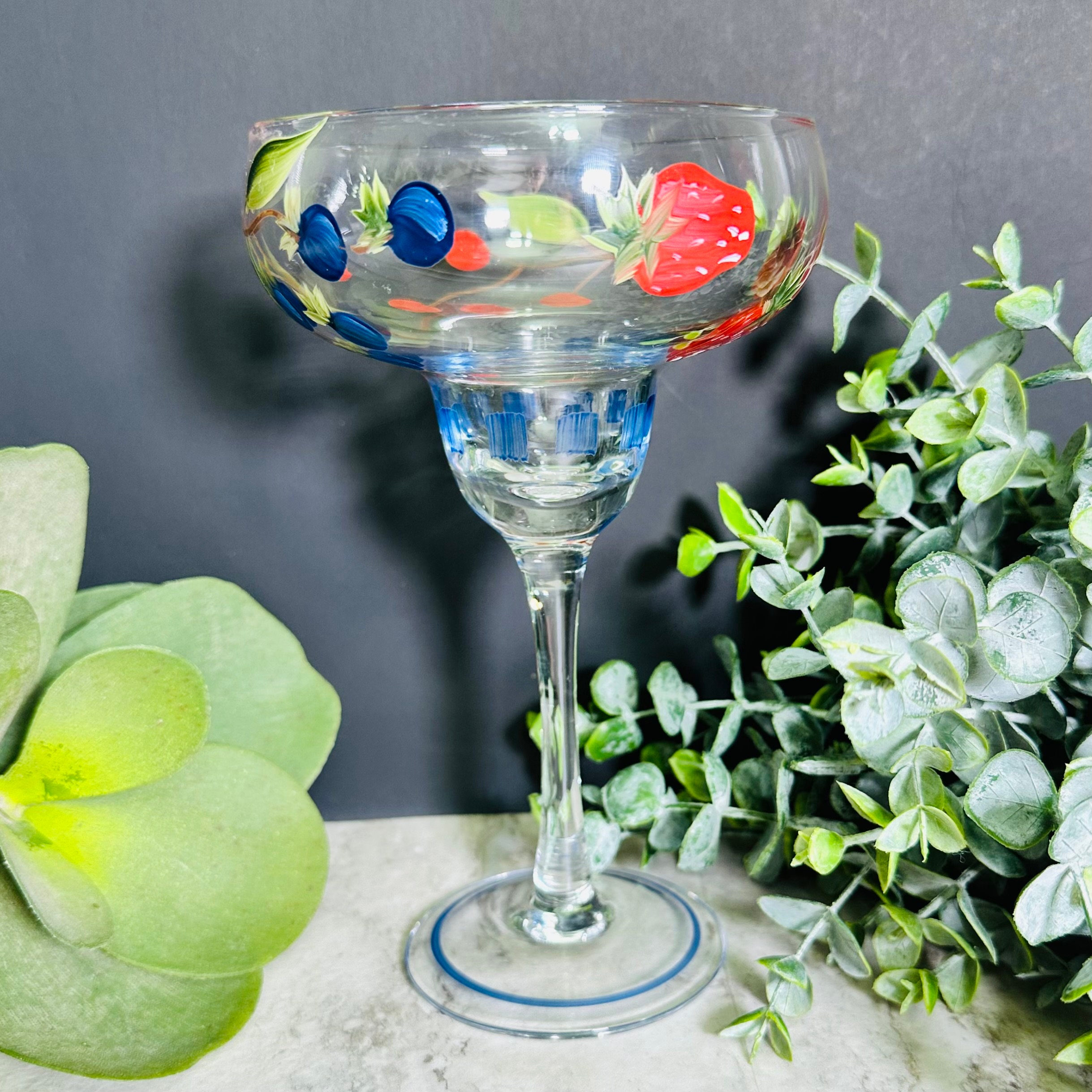 Segunda Vida Primavera Stemmed Margarita Glasses - Blue Rim Margarita Glass  Set Made in Mexico - 100% Recycled Glass 10oz Set of 2