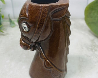 Vintage MCM horse Shot Glass-Redware Horse Head “Long Shot” Barware Brown Toothpick holder- Redware Japan 1950’s-Horse lover-Kentucky Derby