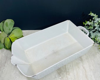 Vintage Enamel Duck Roaster Pan white Speckled Graniteware Pour Spout 1 Handle Drawer Decor planter RARE