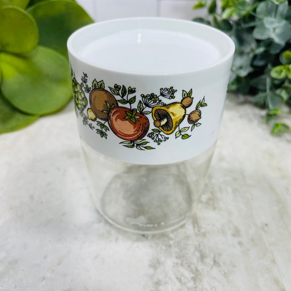 Vintage Spice of Life Pyrex See N Store Glass Mini Canister Spice Herb Storage Shaker Jar Screw on white Lid 3.75”- Mushroom Kitchen deco