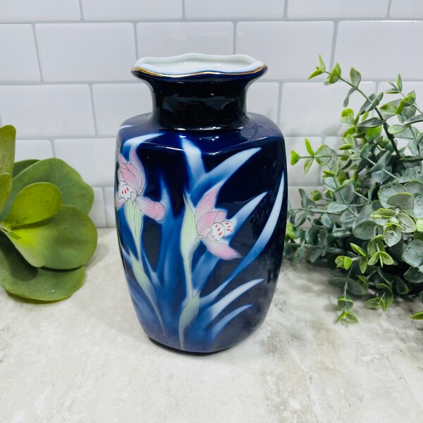 Vintage oriental Arita ware Cobalt Blue Floral Vase- Hexagonal Cobalt Blue Porcelain Urn Pink iris flowers Japan