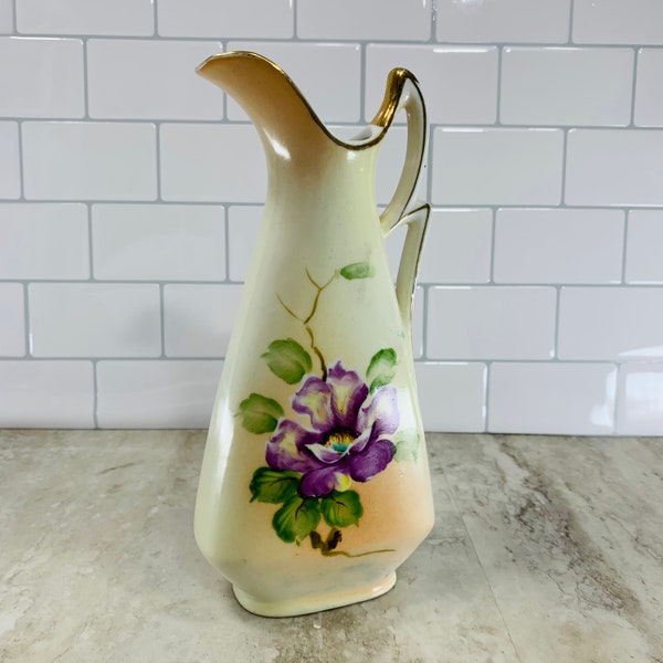 Vintage Handpainted Floral Porcelain Ewer Pitcher Vase 8” tall Japan - purple clematis flowers - UCAGNO China 1950s gold gilt