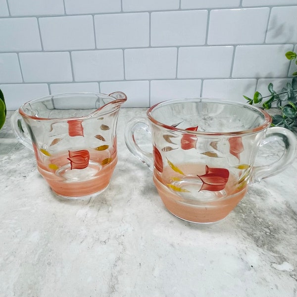 Vintage Bartlett-Collins Gay Fad Pink Tulips floral Creamer & Open Sugar Bowl Hand Painted Clear Glass Frosted Base  and Gold Leaves