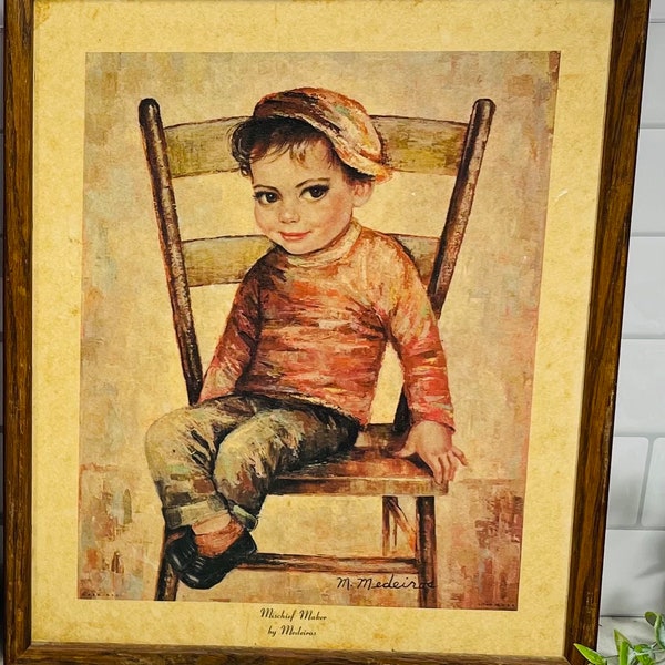 Vintage Art Print by M. Medeiros Mischief Maker Big Eyed Boy Framed MCM Wall Art