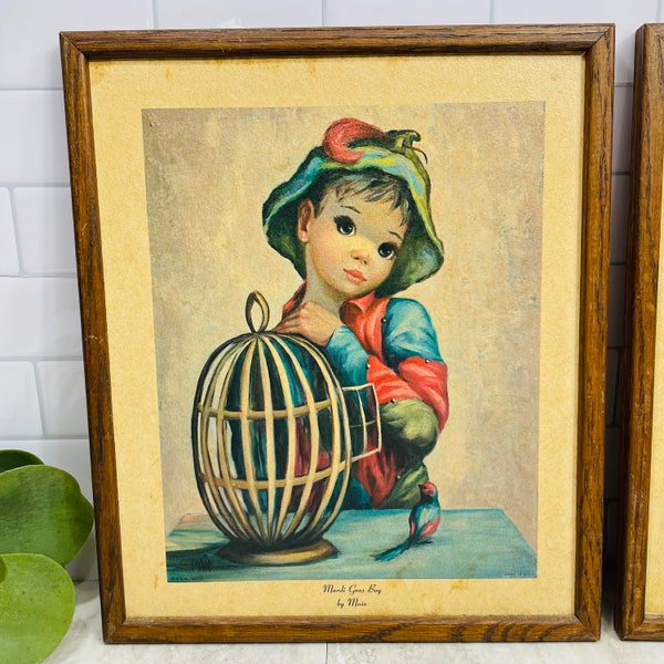 Vintage Mardi Gras Boy Harlequin Big Eyes Framed MCM Litho Art Print By Maio Wall Decor