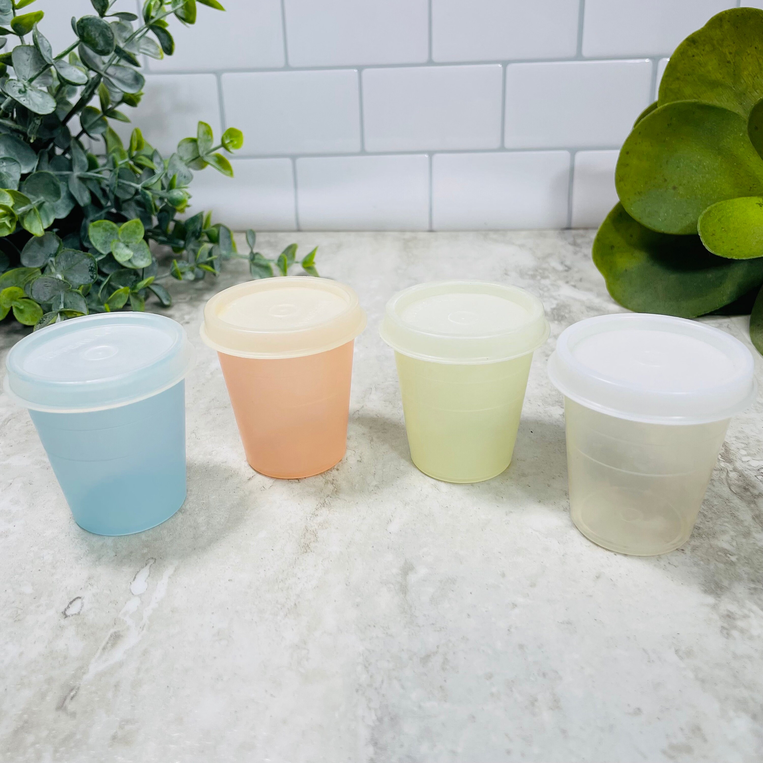 6 Vintage Pastel Colored Tupperware Small Beakers with Lids from