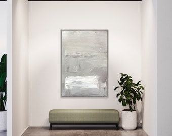 Grey Simple Abstract Art, Vertical Canvas Painting, Neural White Wall Art