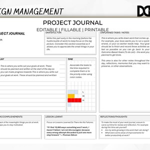 May include: A printable project journal with sections for to-do lists, time management, accomplishments, lessons learned, and reflections. The journal is designed to help you stay organized and motivated at work.