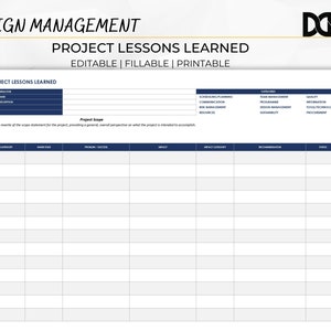 Könnte beinhalten: Eine druckbare Vorlage für Projektlektionen mit dem Text "DESIGN MANAGEMENT" oben. Die Vorlage enthält Abschnitte für Projektumfang, Element, Kategorie, Name/Problem, Problem/Erfolg, Auswirkung, Auswirkungskategorie, Empfehlung und Status.
